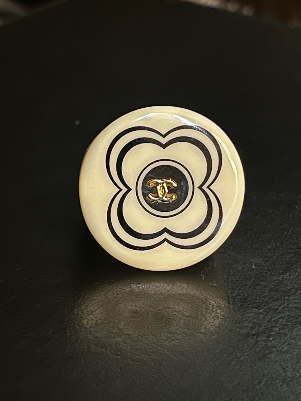 ChaneI Large Chunky Flower Acrylic Black Gold Letter Logo Ring